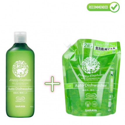 Saraya Happy Elephant Środek do mycia naczyń w zmywarce 420ml + uzupełniacz 800ml