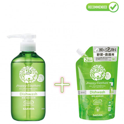 Saraya Happy Elephant Środek do mycia naczyń, warzyw i owoców 300ml + uzupełniacz 500ml