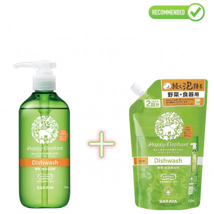 Saraya Happy Elephant Środek do mycia naczyń, owoców i warzyw 300ml + uzupełniacz 500ml