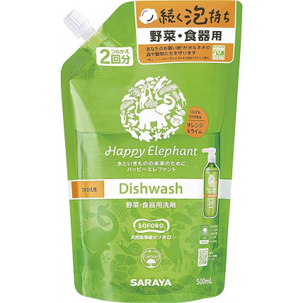 Saraya Happy Elephant Środek do mycia naczyń, owoców i warzyw, uzupełniacz 500ml