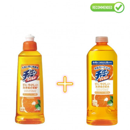 Lion Charmy Mild Środek do mycia naczyń, owoców i warzyw z olejkiem pomarańczowym 260ml + uzupełnienie 400ml