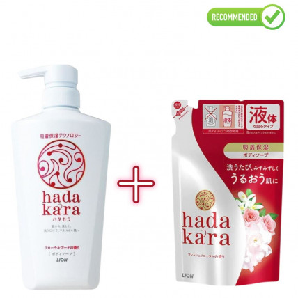 Lion Hadakara Nawilżający żel myjący do ciała o kwiatowym zapachu 500ml + uzupełnienie 360ml