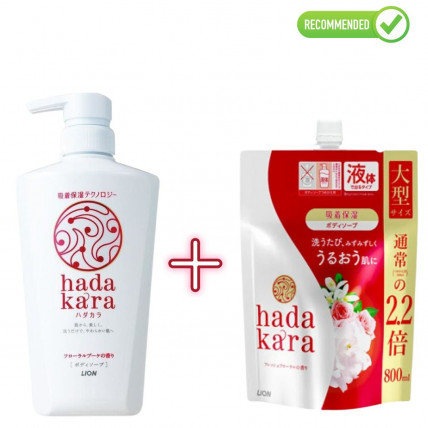 Lion Hadakara Nawilżający płynny żel do mycia ciała o kwiatowym zapachu 500ml + uzupełnienie 800ml