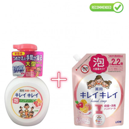 Lion KireiKirei Pieniące mydło w płynie o owocowym zapachu 500ml + uzupełniacz 450ml