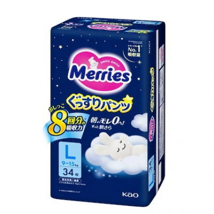 Merries Nocne pieluchomajtki PL 9–15kg 34szt Merries Nocne pieluchomajtki PL 9–15kg 34szt
