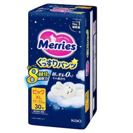 Merries Nocne pieluchomajtki PXL 12–22kg 30szt Merries Nocne pieluchomajtki PXL 12–22kg 30szt